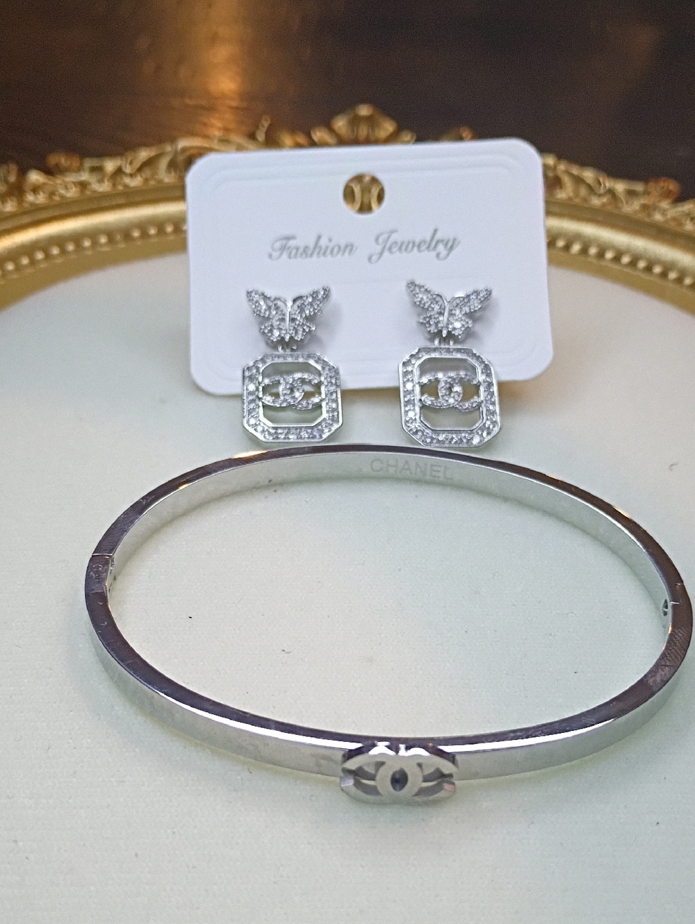 New Silver Tone Butterfly Drop Earrings and Silver Bangle Set Fashion Jewelry